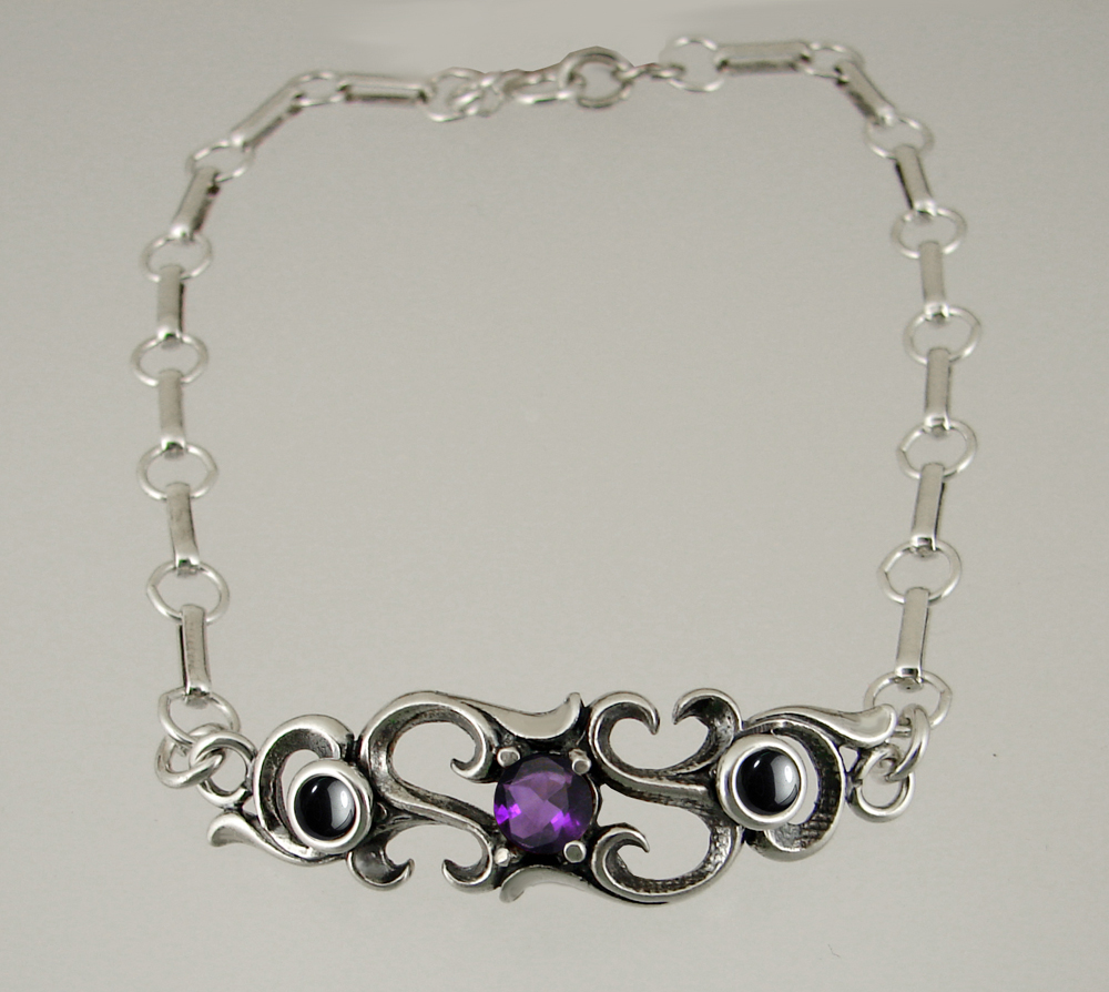 Sterling Silver Bracelet With Faceted Amethyst And Hematite